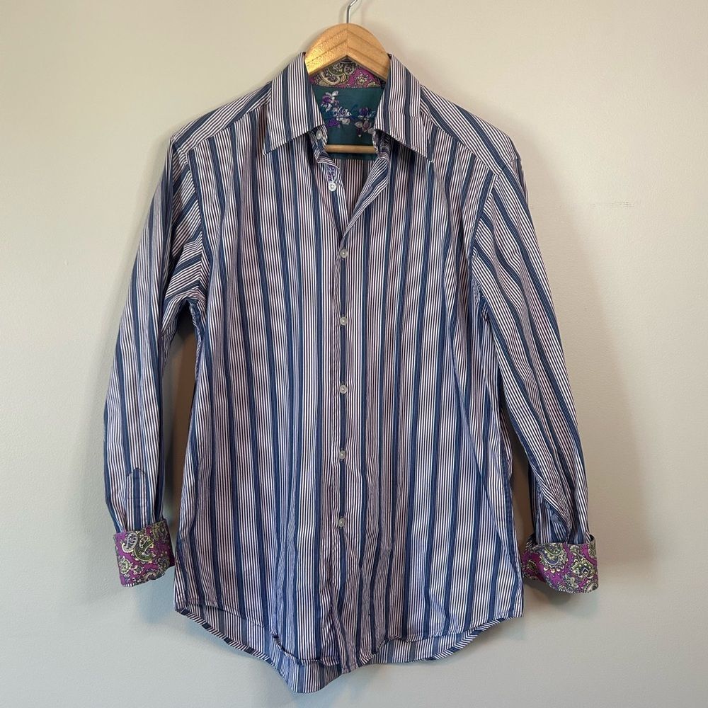 Robert Graham Blue Stripe Embroidered Patch Silk Trim Dress Shirt Size Medium